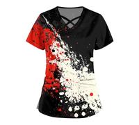 Yunshenla Halloween Blouse Medicale Femme Col en V Manches Courtes Médicals Tunique Infirmiere Professionnelle Tenue Vampire Costume Aide Soignante Blanche Coton Chimie Lycee