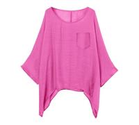Yunshenla Shirt Fluide Femme été Lin Chemisier à Manches Chauve Souris Couleur Unie Col Rond Et Ourlet Irrégulier Hauts Ample Respirant Trendy Confortable Décontractée Haut Shirt avec Poche(#06,S)