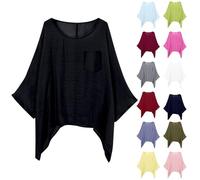Yunshenla Shirt Fluide Femme été Lin Chemisier à Manches Chauve Souris Couleur Unie Col Rond Et Ourlet Irrégulier Hauts Ample Respirant Trendy Confortable Décontractée Haut Shirt avec Poche(#01,L)