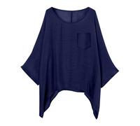 Yunshenla Shirt Fluide Femme été Lin Chemisier à Manches Chauve Souris Couleur Unie Col Rond Et Ourlet Irrégulier Hauts Ample Respirant Trendy Confortable Décontractée Haut Shirt avec Poche(#03,L)