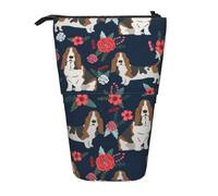 YUNWEIKEJI Chien Floral Basset Hound avec des Fleurs, Trousse à Crayons télescopique, Porte-Crayon sur Pied avec Pochette à Crayons à Fermeture éclair, Sac à stylos