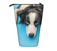 YUNWEIKEJI Chiot Drôle Chien Border Collie Fond Bleu, Trousse à Crayons télescopique, Porte-Crayon sur Pied avec Pochette à Crayons à Fermeture éclair, Sac à stylos