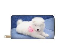 YUNWEIKEJI Chiot Samoyède Chiens Blancs Chiot avec Arc Furry, Portefeuille de Grande capacité pour Hommes Femmes Portefeuilles Carte de crédit Portefeuille en Cuir Microfibre