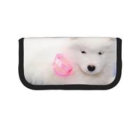 YUNWEIKEJI Chiot Samoyède Chiens Blancs Chiot avec Arc Furry, Trousse à Crayons, Pochette à Crayons en Toile, Trousse à Crayons de Grande capacité, Trousse à cosmétiques
