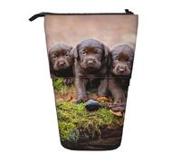 YUNWEIKEJI Chiots Labrador Famille de Petits Chiots Bruns, Trousse à Crayons télescopique, Porte-Crayon sur Pied avec Pochette à Crayons à Fermeture éclair, Sac à stylos