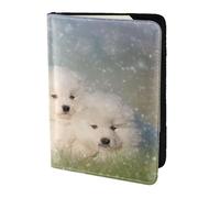 YUNWEIKEJI Chiots Samoyèdes Chiens Blancs Famille Petit Samoyède, Porte-Passeport Portefeuille de Voyage en Cuir PU Étui pour Passeport Couvre-Passeport 5,5 Pouces