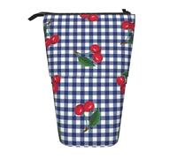 YUNWEIKEJI Imprimer des Cerises à Carreaux Bleus, Trousse à Crayons télescopique, Porte-Crayon sur Pied avec Pochette à Crayons à Fermeture éclair, Sac à stylos