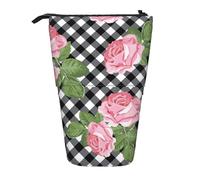 YUNWEIKEJI Imprimer des Roses sur Un Plaid Noir et Blanc, Trousse à Crayons télescopique, Porte-Crayon sur Pied avec Pochette à Crayons à Fermeture éclair, Sac à stylos