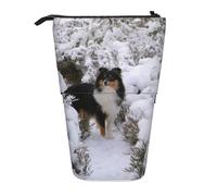 YUNWEIKEJI Sheltie d'hiver Fond d'écran, Trousse à Crayons télescopique, Porte-Crayon sur Pied avec Pochette à Crayons à Fermeture éclair, Sac à stylos