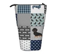 YUNWEIKEJI Silhouette de Race de Chien de Compagnie Teckel Noir et feu, Trousse à Crayons télescopique, Porte-Crayon sur Pied avec Pochette à Crayons à Fermeture éclair, Sac à stylos