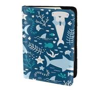 YUNWEIKEJI Sourire Requin Animaux Marins Poissons Étoile De Mer Bleu, Porte-Passeport Portefeuille de Voyage en Cuir PU Étui pour Passeport Couvre-Passeport 5,5 Pouces