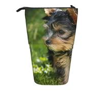 YUNWEIKEJI Yorkshire Terrier Herbe Verte Yorkie Chiens Mignons, Trousse à Crayons télescopique, Porte-Crayon sur Pied avec Pochette à Crayons à Fermeture éclair, Sac à stylos