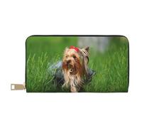 YUNWEIKEJI Yorkshire Terrier Pelouse Chiens Mignons Ummer Arc Rouge, Portefeuille de Grande capacité pour Hommes Femmes Portefeuilles Carte de crédit Portefeuille en Cuir Microfibre