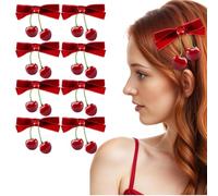 Yunxiao88 Lot de 8 pinces à cheveux en forme de cerises avec nœud en forme de cerise rouge avec nœud en velours vin pour queue de cheval tendance décoration de fruits sucrés pour adolescentes, filles