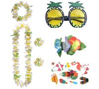 YUNYU Ensemble de 7 pièces hawaïennes avec feuilles blanches et vertes classiques - Collier hawaïen avec bracelet floral assorti, lunettes de soleil ananas, bandeau, boucles d'oreilles