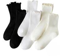 YUNYU Lot de 6 paires de chaussettes à volants pour femme - Chaussettes mi-mollet en coton doux, respirantes et tricotées, coffret cadeau de qualité supérieure, Noir, blanc, blanc cassé, One Size