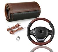 YUNZHISHIYE Couvre Volant Voiture，Cousue Main,Matière en Cuir De Vachette, Antidérapante Et Respirante, Compatible avec Les Volants De 37 À 39 Cm De Diamètre (Noir avec Curry)
