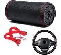 YUNZHISHIYE Couvre Volant Voiture,Cousue Main,Matière en Cuir De Vachette,Antidérapante Et Respirante,Compatible avec Les Volants De 37 À 39 Cm De Diamètre(Ligne Rouge Noire à Trou Complet)