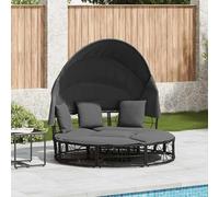 YUOGHRTFE Lit d'extérieur modulaire avec toit et coussin, noir, en rotin PE, utilisable comme île de soleil ou ensemble de conversation, avec auvent extensible et amovible et lavable