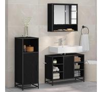 YUOGHRTFE Lot de 3 meubles de salle de bain en bois aspect chêne noir | Montage mural, pieds en métal, étagères flexibles, surface facile d'entretien, design moderne