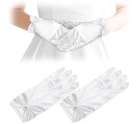 Yuomeaz 1 paire de gants de mariée avec perles blanches, gants en soie, noeud, gants courts en satin blancs pour robe de banquet de mariage, danses de fête, mariage, dîner d'opéra