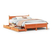YUOTYRKTEJRSG Pin Massif Robuste avec Rangement Coulissant Brun 140x200 cm | Cadre de lit sans matelas 140x200cm bois pin massif cire marron avec 2 tiroirs et sommier à lattes tête de lit pour chambre à