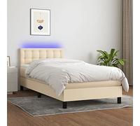 YUOTYRKTEJRSG Sommier à Lattes Lit avec Matelas LED Crème 100x200 cm Tissu Complet avec Tête de Lit Réglable Bande Lumineuse et Surmatelas pour Chambre à Coucher