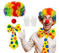 YUPDFGB 5 Pièces Ensemble de Costume de Clown, Perruque De Tête Explosive, Nez Clown, Nœud Papillon, Cravate Colorée et Gants, pour Carnaval Cirque Cosplay Halloween Fête