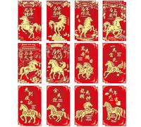 YUPDFGB 6 Enveloppes Rouges pour l'Année du Cheval - 6 Designs de Chevaux & 6 Bénédictions - Enveloppes Rouges et Dorées (17 x 9 cm) pour Argent, Cartes Cadeaux, Chèques