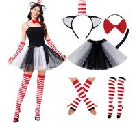 YUPDFGB 6 Pcs Costume de Chat pour Enfant, Deguisement Chat avec Serre-Tête Oreilles de Chat, Chaussettes Rayées, Gants, Queue, Jupe Tutu et Nœud Papillon, Idéal pour Fête, Cosplay, Accessoires Photo