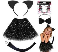 YUPDFGB Déguisement Chat, Noir Jupe en Tulle, Serre-Tête Oreilles de Chat, Noeud Papillon, Stickers visage, Queue de Cat, Accessoires de Deguisement Jeu de Rôle pour Filles Halloween Carnaval