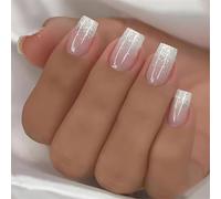 YUPEIUKLI Lot de 24 Faux Ongles Courts et carrés dégradés, Couverture complète, à Coller sur Les Ongles, Faux Ongles Scintillants, Pointe française, à Presser sur Les Ongles