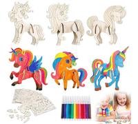 YUPZAR Set 6 Licornes en Bois 3D à Colorier avec 12 Feutres Aquarelle Kit Créatif Enfants DIY Fête Anniversaire Licorne Activité Manuelle École Artisanat Décoration