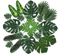 Yuragim 100 Feuilles de Palmier Artificielles en Plastique, Plantes Tropicales Artificielles, Safari Feuilles Monstera Plantes pour Anniversaire Mariage Hawaïen Luau Jungle Plage Fête Table Décoration