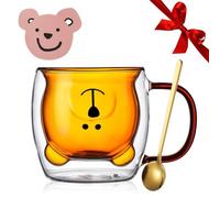 Yuragim Jolies tasses à café Ours - Double paroi isolée - Tasse à expresso Kawaii - Verres à thé avec anse + cuillère + dessous de verre - Cadeau pour femme - Idées de Noël et d'anniversaire (marron)