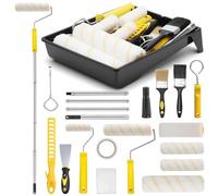 Yuragim Lot de 18 rouleaux de peinture avec barre télescopique, 18 pièces avec barre télescopique de 1,2 m, rouleau de peinture, pinceau, bac à peinture, rouleau de peinture, accessoires de peinture
