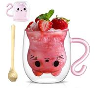 Yuragim Tasse Mignonne avec Anse - Verres à Double Paroi - 300 ml - Tasse à Café avec Cuillère - Pour Latte Cappuccino - Cadeau de Noël et d'anniversaire pour Femme, Maman, Amoureux des Chats