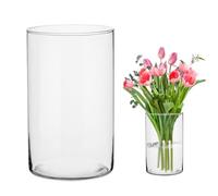 Yuraigm Grand vase à fleurs en verre transparent, 20 cm de haut, rond, rond, vase de sol, décoratif, cylindrique, pour herbe de la pampa, roses, tulipes, décoration de table de mariage, bougie