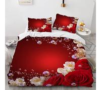 YURKO Polyester Coton House De Couette avec des Roses Rouges 140X200 Cm avec 2 Taies d'oreiller 65X65Cm Housse De Couette 140X200 Fille Pas De Repassage