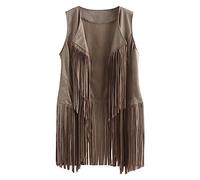 Yurosiay Gilet en faux daim pour femme avec franges - Style ethnique - Cardigan à franges - Style vintage - Sans manches - Pour motard - Beige - Taille L