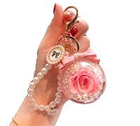 Yurosiay Porte-clés romantique rose éternelle avec bracelet de perles - Fleur préservée à la main - Pendentif de sac - Rose foncé