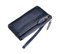 Yurosiay Porte-monnaie portable en cuir synthétique avec fermeture éclair - Couleur unie - Motif litchi - Pour homme et femme - Pour cartes de crédit, billets - Rouge à lèvres - Bleu foncé - 16 cm x 9