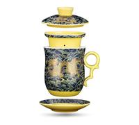 YURROAD 400ml Tasse À Thé 4-en-1 avec Couvercle, Infuseur et Soucoupe, Motif Dragon Chinois, Céramique Mug - TC400 Vert Foncé