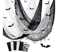 YuSaug Tissu Effrayant d'halloween 5 Pièces, Tissu de Décoration d'halloween 183 * 76 CM avec 12 Fausses Chauve-Souris, Décoration de Fête Hantée Effrayant (3 Noirs + 2 Blancs)