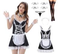 YushengTai Robe de demoiselle noire et blanche en dentelle - Costume de soubrette sexy classique - Robe à bretelles - Cosplay de maid avec bandeau - Pour nuit de noces, lune de miel, cosplay sexy