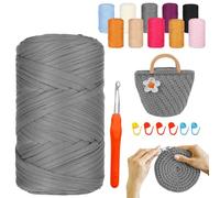 YushengTai Tshirt Yarn, 400G/120M Fil Polyester pour Sac au Crochet Crochet Avec Aiguille 9,0 mm 6 Supports, Fil Coton pour Crochet Pour Sacs, Paniers, Couvertures, Décoration de la Maison (Gris)