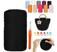 YushengTai Tshirt Yarn, 400G/120M Fil Polyester pour Sac au Crochet Crochet Avec Aiguille 9,0 mm 6 Supports, Fil Coton pour Crochet Pour Sacs, Paniers, Couvertures, Décoration de la Maison (Noir)