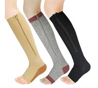 YUSHOW 3 Paires Chaussettes de Contention Femme Zip Fermeture Eclair à Bout Ouvert 15-20mmhg Care Socks pour Veine Variqueuse, Bas de Contention Oedeme Peau noire et brune et grise (3 paires) L/XL