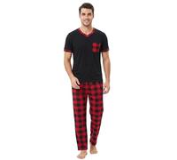 YUSHOW Ensemble de pyjama à carreaux pour homme - Chemise à manches courtes et col rond - Short / pantalon - Pyjama doux avec poches, Motif à carreaux - Rouge, M