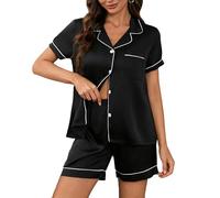 YUSHOW Ensemble de Pyjama Femme en Satin Short Pyjama à Manches Courte Boutonnée Légère 2 Pièce Vêtements de Nuit en Soie Sleepwear Pjs Set,Noir,S